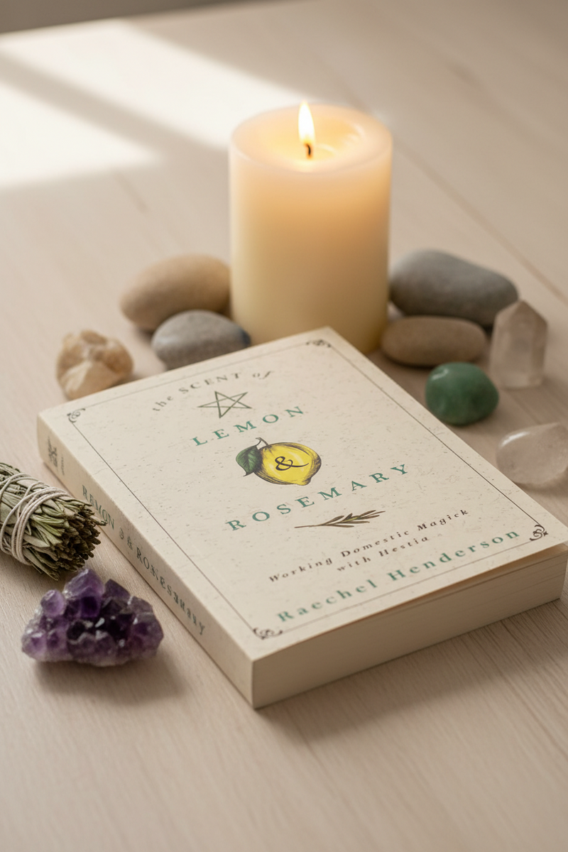 A book titled 'The Scent of Lemon Rosemary' by Raechel Henderson lies on a light wood surface, styled with a lit cream candle, smooth stones, a purple crystal cluster, and a sage bundle.