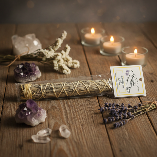 Sage in a clear packaging on a wooden surface with candles, crystals, and lavender.