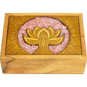 Wooden box with 'Namaste' and lotus design on a white background