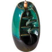 Teal and black ceramic incense burner with a spiral design on a white background