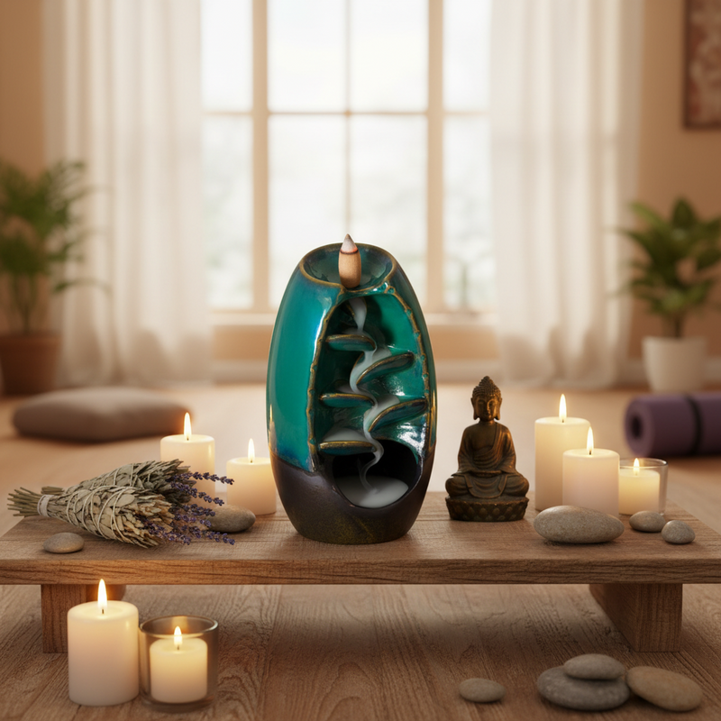 Decorative scene with a ceramic backflow incense burner, candles, and a Buddha statue in a room with large windows.