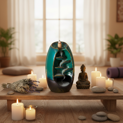 Decorative scene with a ceramic backflow incense burner, candles, and a Buddha statue in a room with large windows.