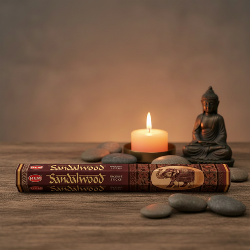 Sandalwood incense sticks with a lit candle and Buddha statue on a wooden surface.