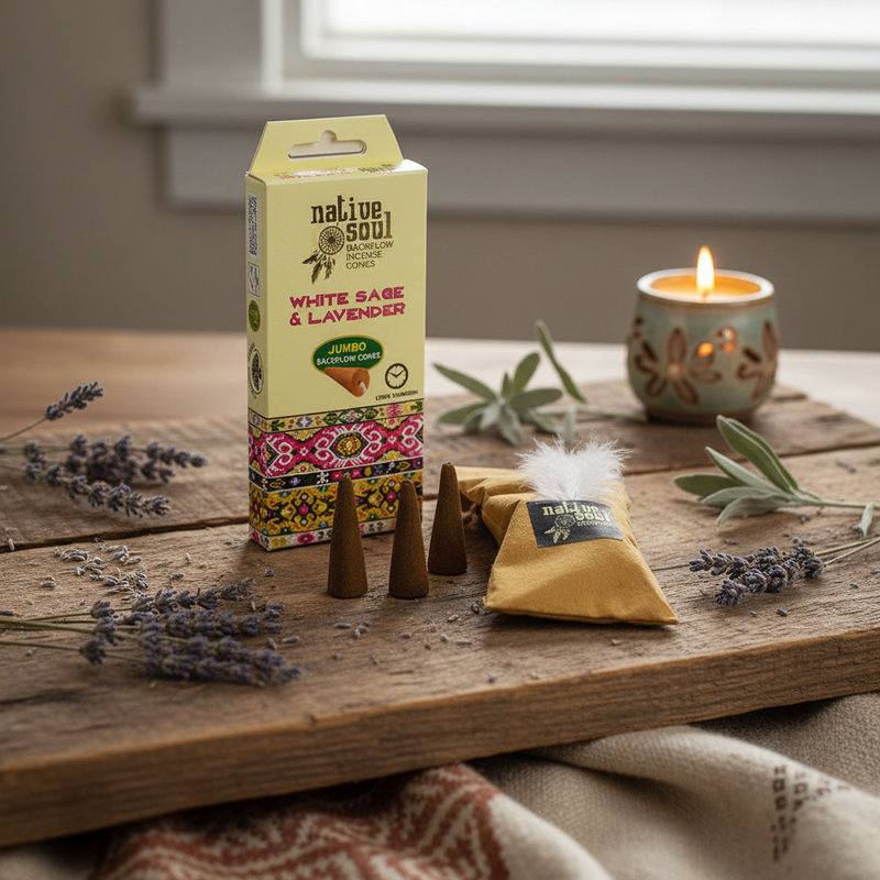 Native Soul White Sage & Lavender product on a wooden surface with lavender and a candle.