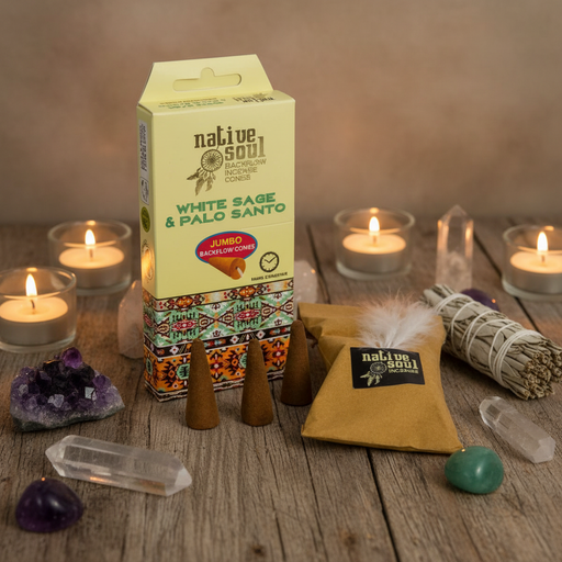 Native Soul White Sage & Palo Santo packaging with incense cones and a bag on a table with candles, crystals and sage