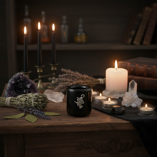 Witchcraft setup with candles, crystals, and a black mug on a wooden table.