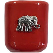 Red ceramic container with a silver elephant emblem on a white background