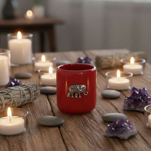 Red mini candle holder with an elephant emblem on a wooden table with candles and crystals