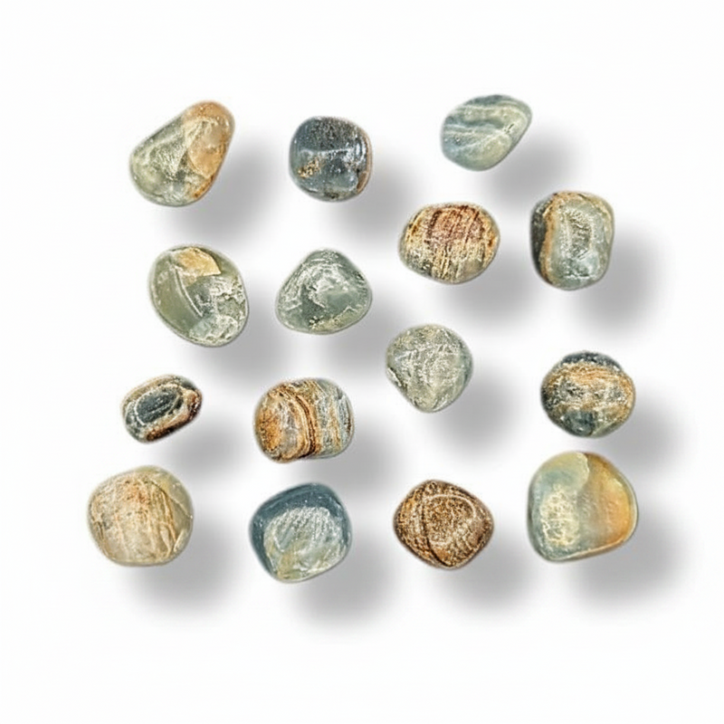 A set of polished natural tumbled stones in earthy tones of beige, brown, gray, and muted blue-green, arranged on a white background with soft drop shadows.