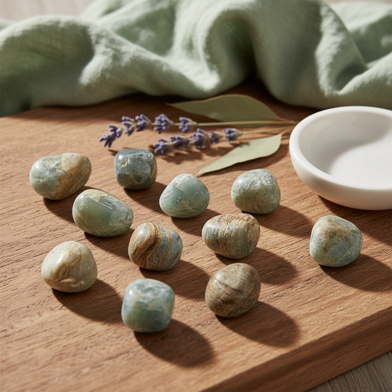 Ten polished aqua and beige jasper stones arranged on a wooden board, with a small white dish, dried lavender sprigs, and a sage green cloth in the background.
