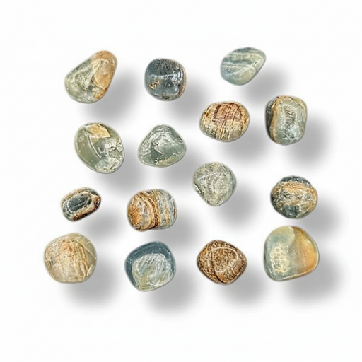 A set of polished natural tumbled stones in earthy tones of beige, brown, gray, and muted blue-green, arranged on a white background with soft drop shadows.