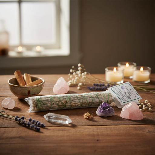 A bundled bundle of dried herbs wrapped in green string sits on a wooden table, styled with crystals, lavender sprigs, dried flowers, a small bowl of cinnamon sticks, and several lit candles in the background. A small product tag is attached to the bundle.