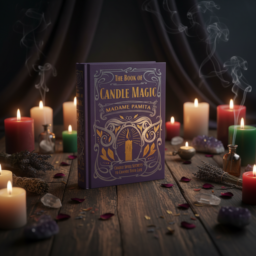 Book titled 'The Book of Candle Magic' surrounded by candles and crystals on a wooden surface.