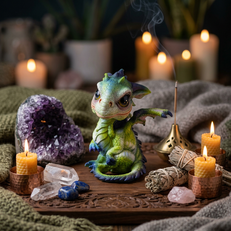 A small green dragon figurine sits on a carved wooden tray surrounded by lit candles, crystals, a smudge bundle, and a brass incense holder in a cozy styled setting.