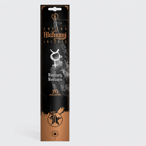 A tall, narrow black retail package for Alchemy Mercury Incense, featuring a black and bronze design with a white Venus symbol and white text, shown against a light gray background.
