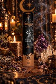 A tall rectangular box of Alchemy Mercury Incense stands centered on a wooden surface surrounded by candles, crystals, dried herbs, and smoky vapor in a warm mystical setting.