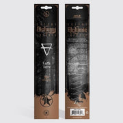 Two black and brown packaging labels for 'Alchemy Incense Earth' on a white background.