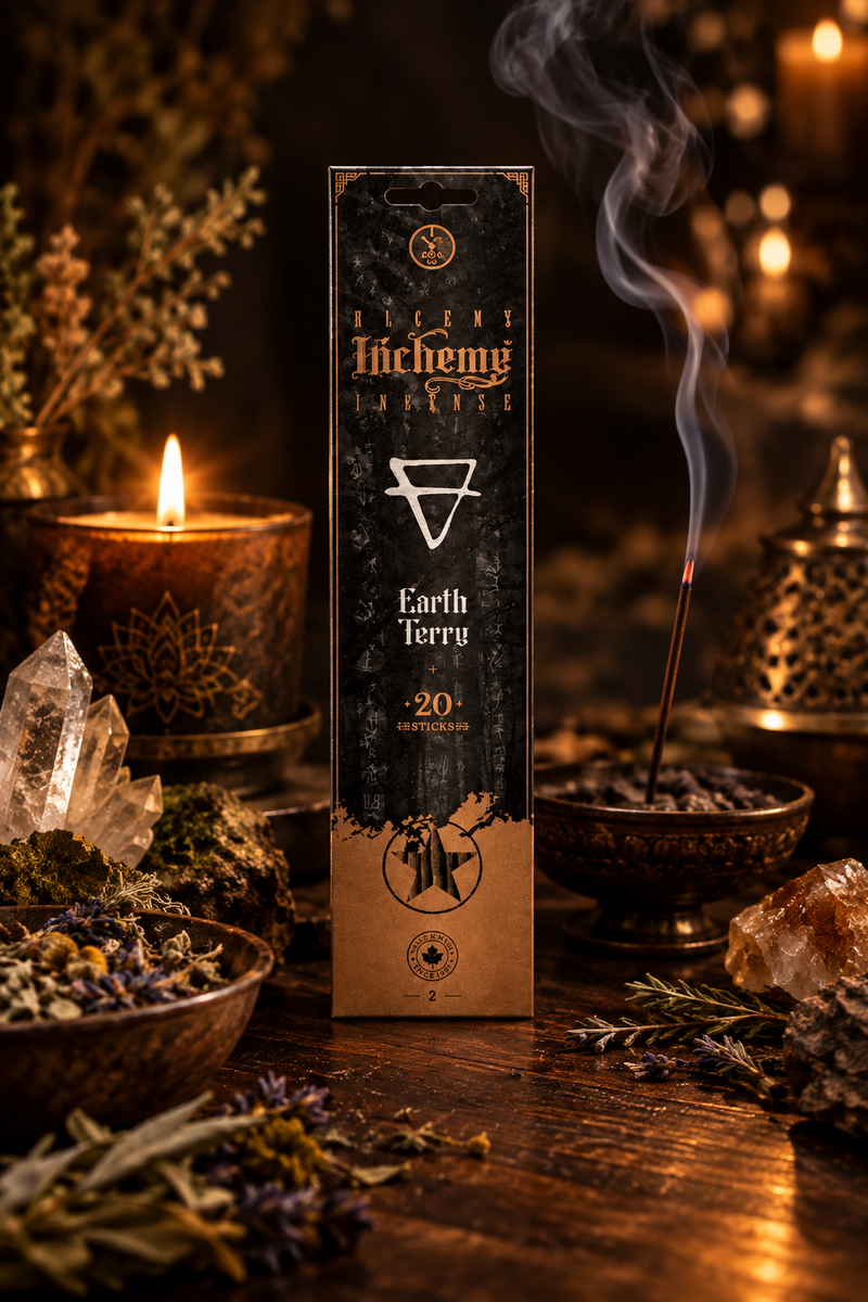 A tall rectangular box of Alchemy Incense Earth, stands on a wooden surface, surrounded by lit candles, crystals, dried herbs, and a smoking incense stick in a bowl. The box is black with gold and white text and graphics.
