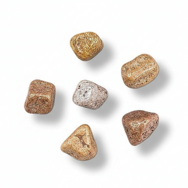 Six polished tumbled flower agates in earthy brown, gold, and silver tones arranged on a white background with soft drop shadows.