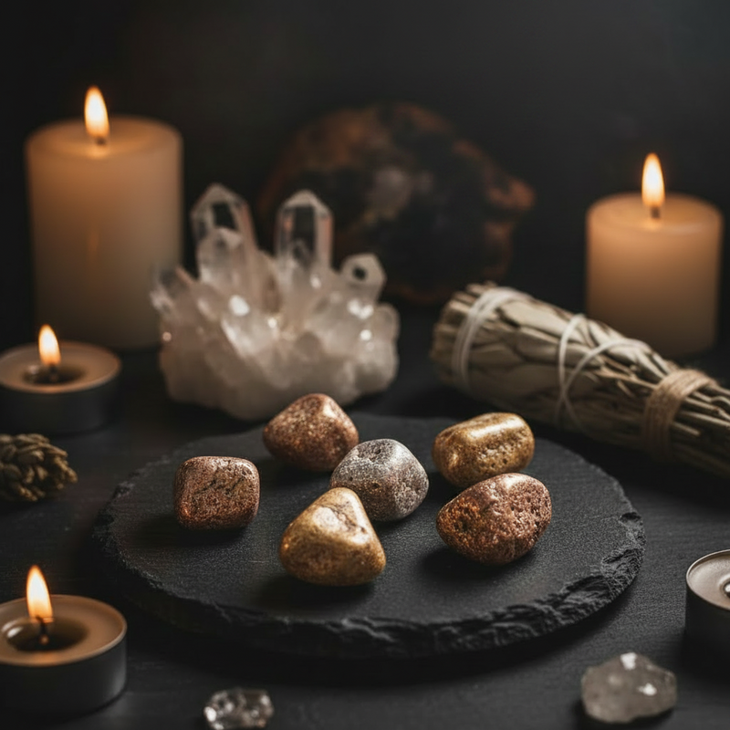 A styled arrangement of polished stones on a black slate platter, surrounded by lit candles, a crystal cluster, a bundle of dried grass, and small decorative crystals against a dark background.