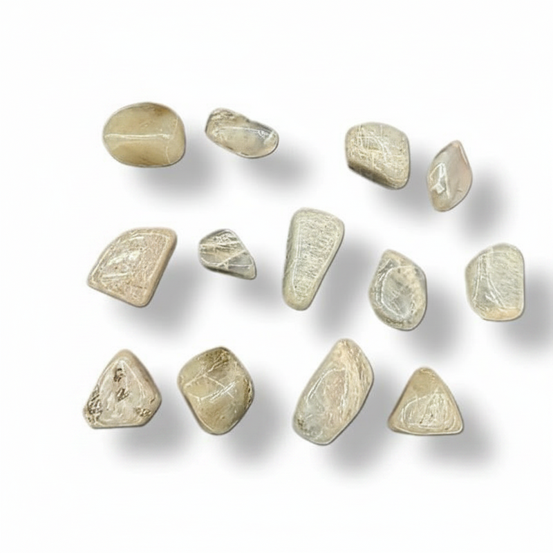 Thirteen polished tumbled stones in a light green and beige tone, arranged in rows on a white background with soft drop shadows.