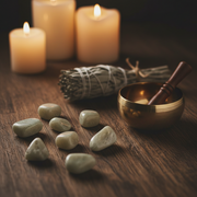 A styled tabletop scene with smooth green moonstones, a lit sage bundle tied with string, and a brass singing bowl with a wooden mallet on a dark wood surface, with blurred lit candles in the background.