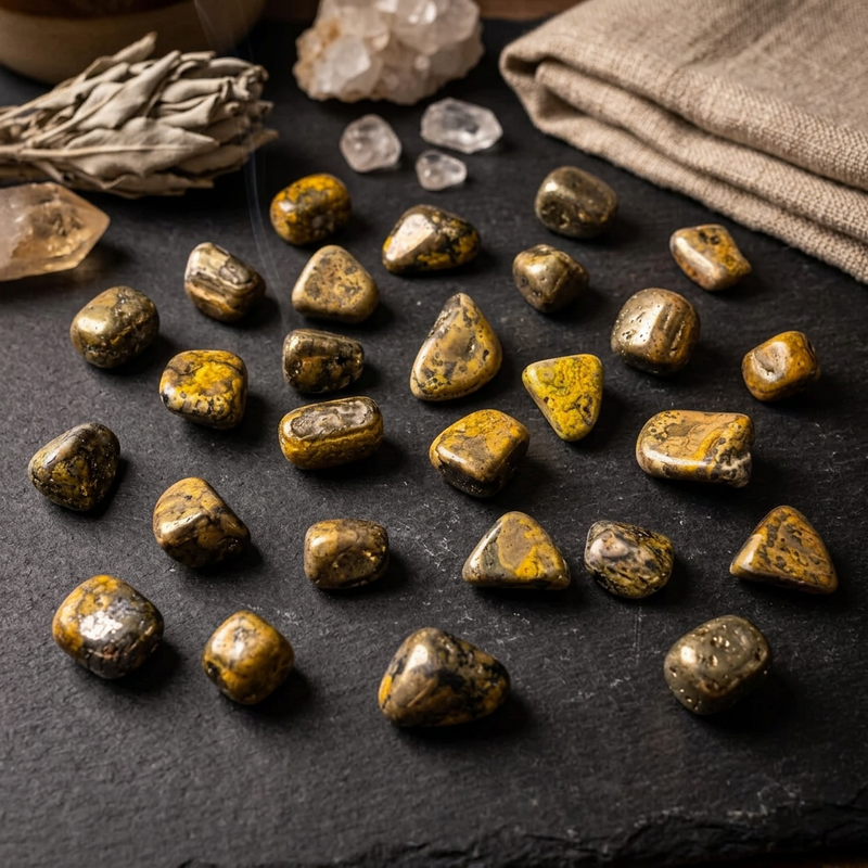 A collection of polished golden-yellow and brown tumbled stones arranged on a dark slate surface, with crystals and folded linen in the background.