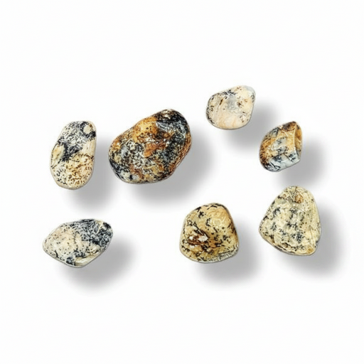 Six polished dendrite agate stones in natural granite patterns of beige, brown, black, and white, arranged on a clean white background with soft drop shadows.