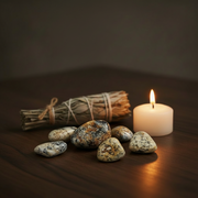 A small white candle with a lit flame sits on a dark wooden surface beside several smooth polished stones and a tied bundle of dried grasses.
