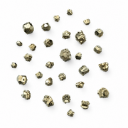 A scattered collection of small metallic pyrite crystals with a metallic olive-gold sheen, arranged on a plain white background.