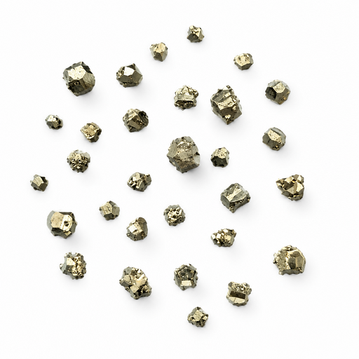 A scattered collection of small metallic pyrite crystals with a metallic olive-gold sheen, arranged on a plain white background.