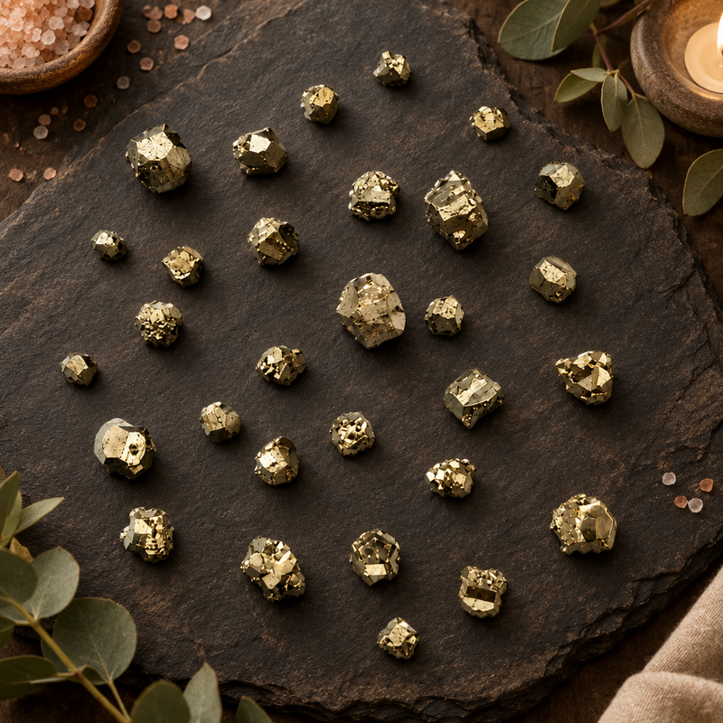 Natural metallic gold pyrite crystals of various sizes scattered on a dark textured slate board, styled with eucalyptus leaves and warm wooden candle holders.