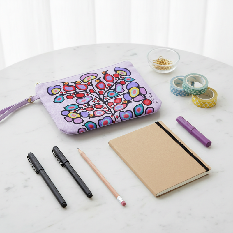 A lavender zip pouch with a colorful abstract floral pattern, styled on a white marble tabletop with a notebook, pens, a pencil, washi tape, and a small bowl of beads.