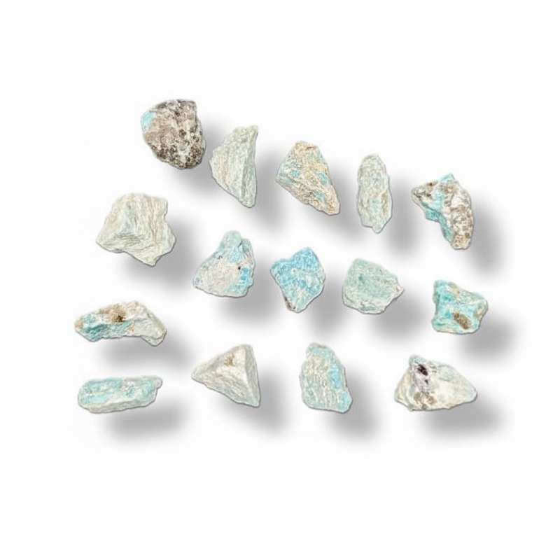 A set of fifteen raw, rough amazonite  in light blue, white, and gray, arranged in a loose grid on a white background with soft drop shadows.