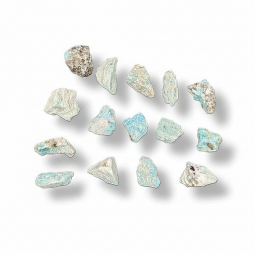 A set of fifteen raw, rough amazonite  in light blue, white, and gray, arranged in a loose grid on a white background with soft drop shadows.
