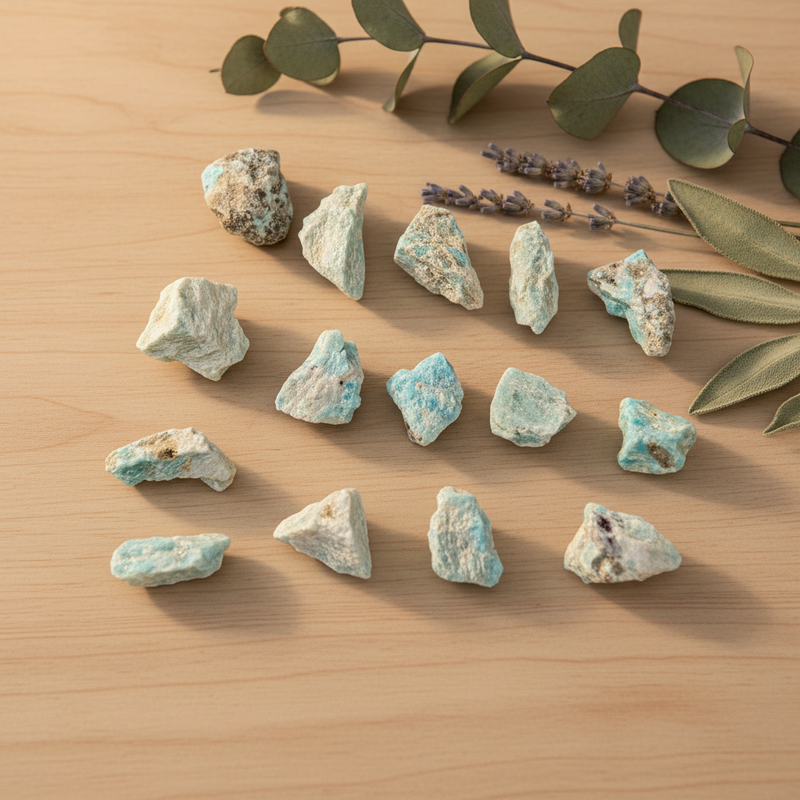 A set of rough amazonite stones arranged on a light wood surface, styled with eucalyptus leaves and lavender sprigs.