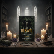 Book titled 'HEKATE: Goddess of Witches' by Courtney Weber in a mystical setting with candles and crystals.