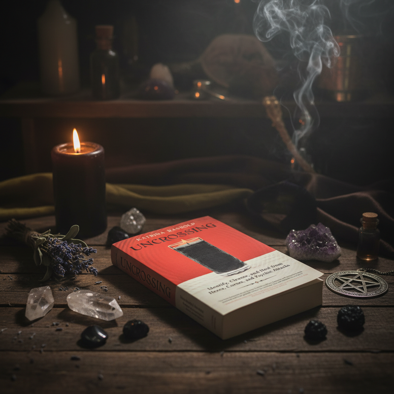 Witchcraft setup with book, candles, crystals, and pentacle on a wooden surface.