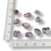 Purple crystals with a ruler for scale on a white background