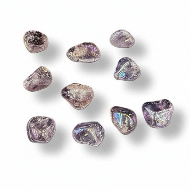 Nine small tumbled gemstones in a light purple, lavender, and smoky gray color with subtle iridescent reflections, arranged on a white background with soft drop shadows.