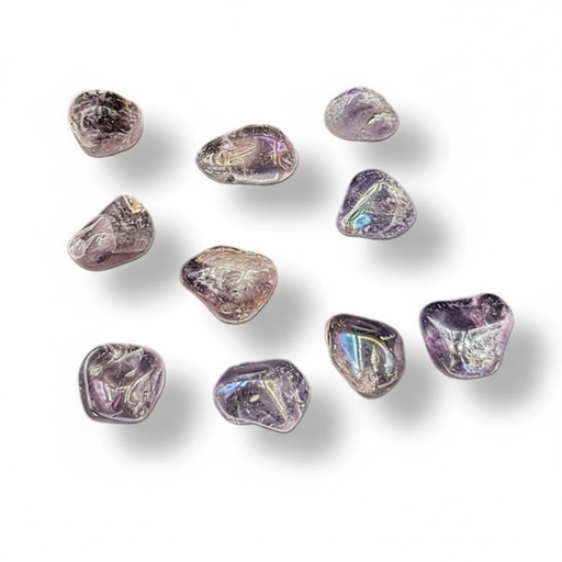 Nine small tumbled gemstones in a light purple, lavender, and smoky gray color with subtle iridescent reflections, arranged on a white background with soft drop shadows.