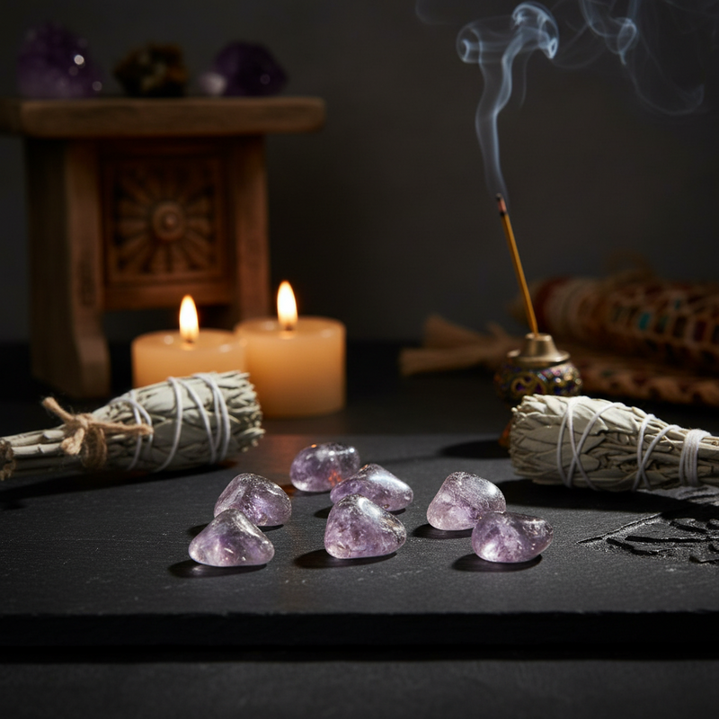 Amethyst tumbled stones arranged on a dark surface, with white sage smudge bundles, lit candles, and a burning incense stick in a moody, spiritual setting.