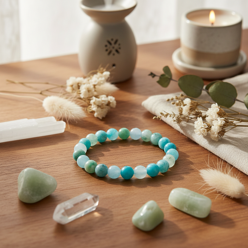 A beaded stretch bracelet made of turquoise, teal, and light blue-green round beads is displayed on a wooden table alongside crystals, dried flowers, a white selenite wand, and a lit candle in a ceramic holder.