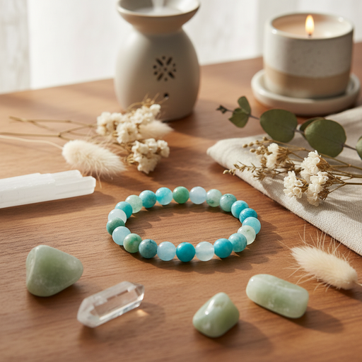 A beaded stretch bracelet made of turquoise, teal, and light blue-green round beads is displayed on a wooden table alongside crystals, dried flowers, a white selenite wand, and a lit candle in a ceramic holder.