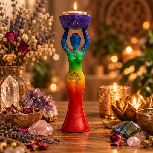 A colorful chakra-themed candle holder shaped like a female figure stands on a wooden table, holding a tealight candle. The figure transitions through blue, green, yellow, and red with gold chakra symbols.