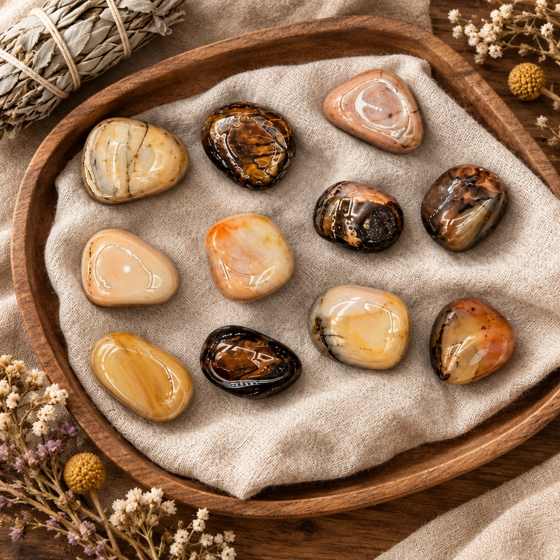 A set of polished tumbled gemstones in various earthy colors and patterns, arranged on a beige cloth inside a round wooden tray, with dried floral accents and a bundle of sage in the corners.