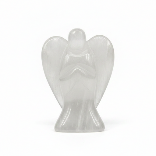 A small translucent angel figurine carved from selenite  standing with hands clasped in prayer on a seamless white background.
