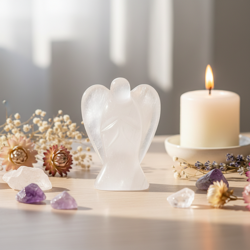 A translucent white angel figurine stands on a light wooden table, styled with dried flowers, crystals, and a lit white candle in the background.