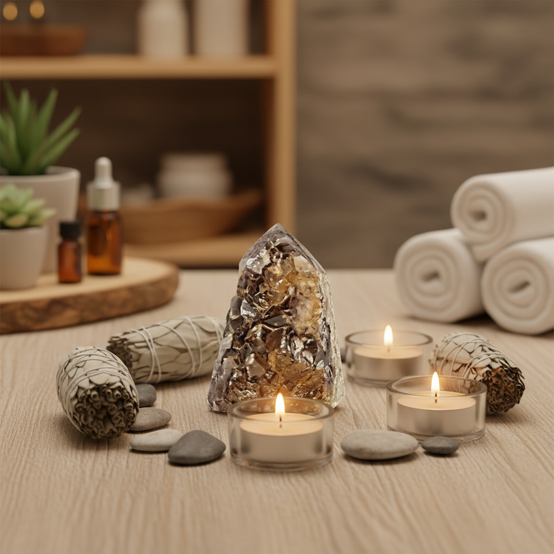 A spa-style arrangement on a wooden surface featuring an amethyst cluster tower, surrounded by white sage smudge sticks, small lit tealight candles in glass holders, smooth stones, and rolled white towels in the background.