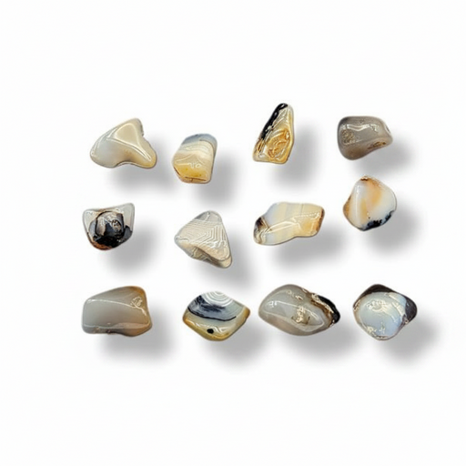 Twelve polished tumbled gemstone in various natural agate patterns of beige, gray, white, and black, arranged in a grid on a white background with soft drop shadows.